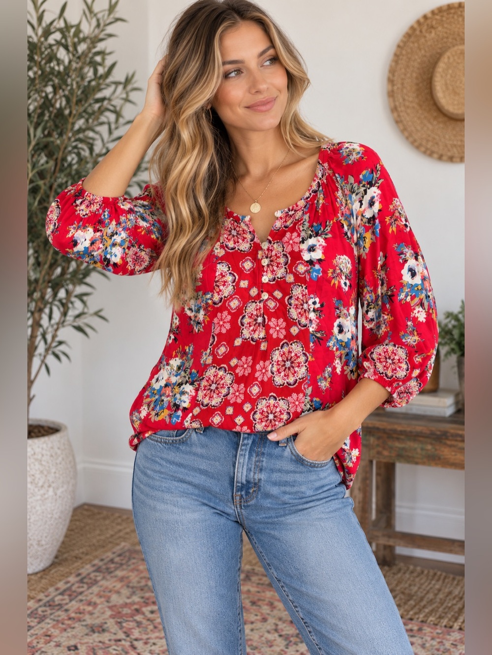 fig and flower Red Floral Button-Pleat Peasant Blouse